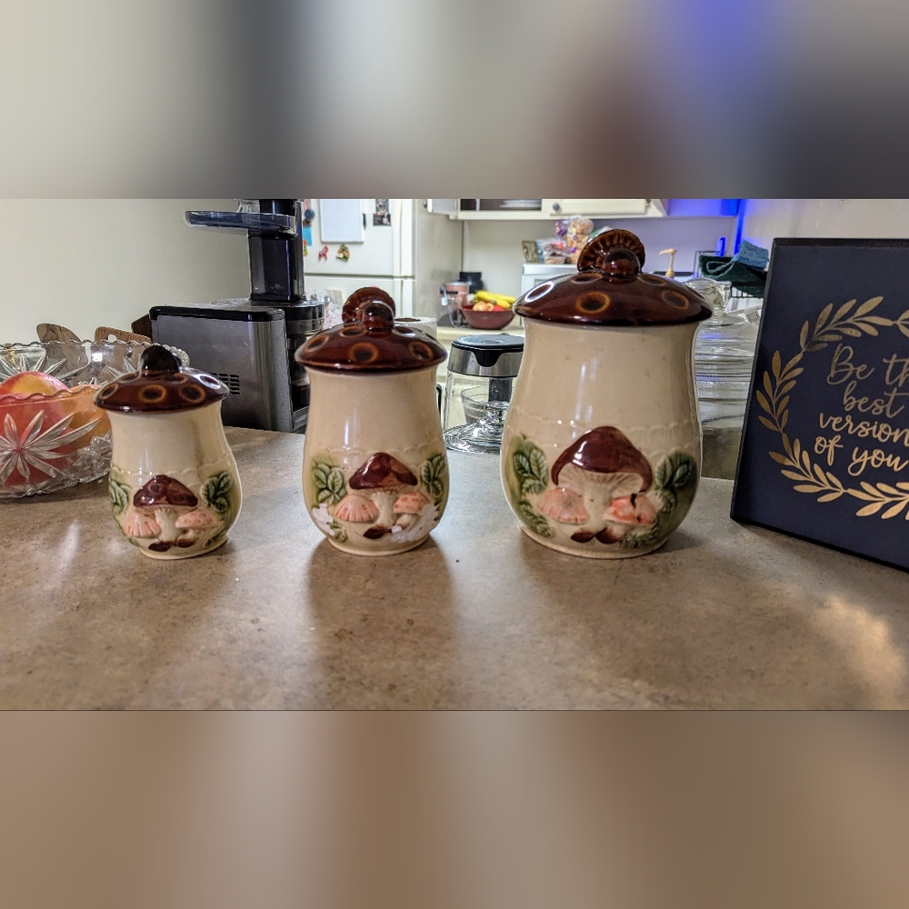 Mushroom Ceramic Canister Set of 3 JAPAN Vintage Mid Century